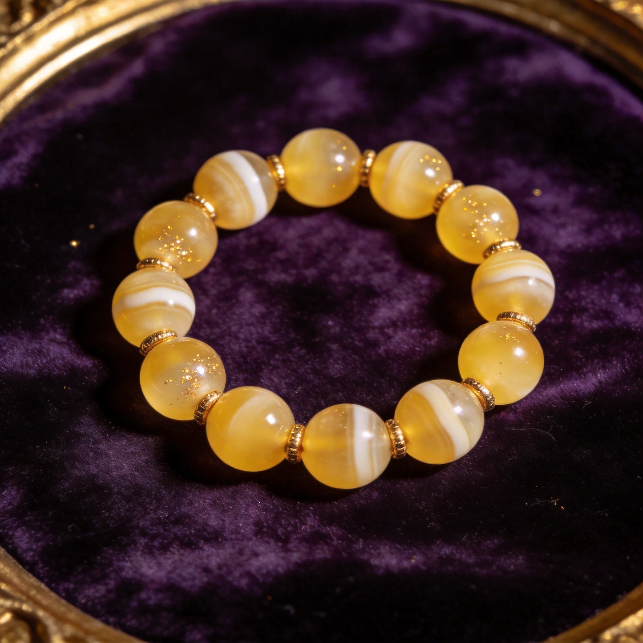 Yellow Agate Women's 8mm natural stone bracelet on dark velvet